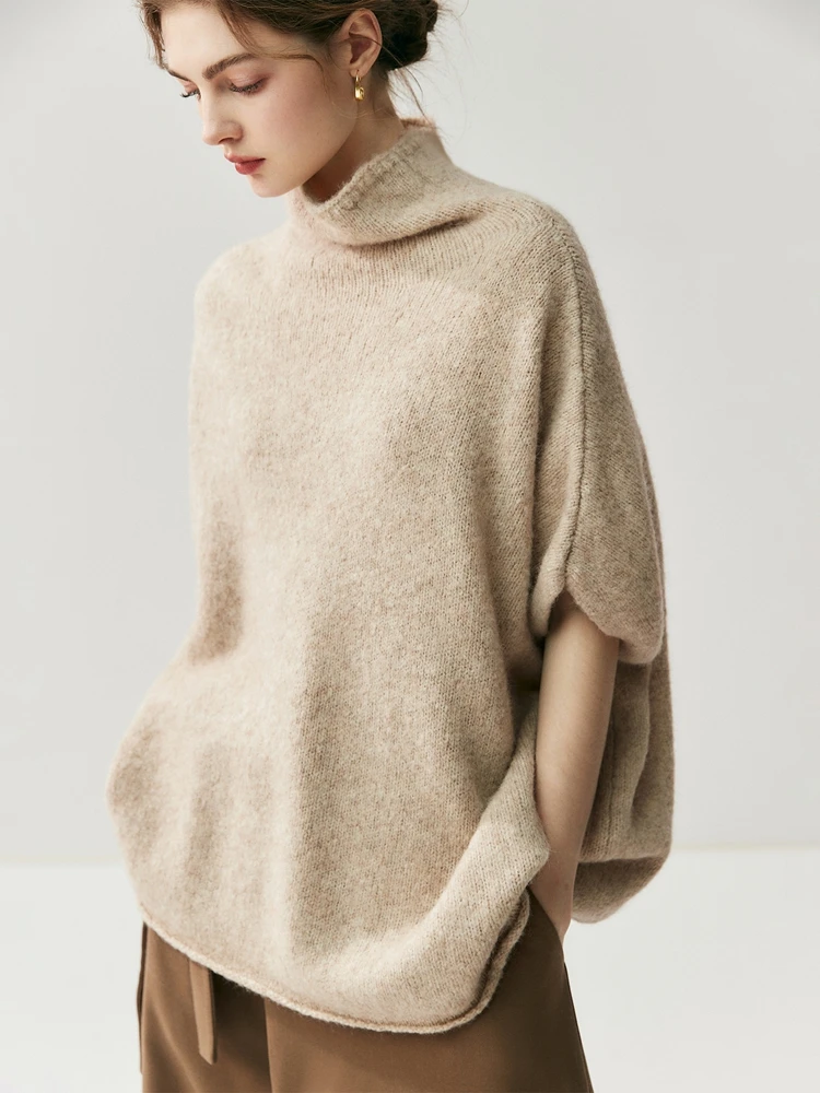 

CHICUU Women Turtleneck Batwing Sleeve Pullover Sweater Thick 100% Cashmere Knitwear Half Sleeve Luxury Design Autumn Winter