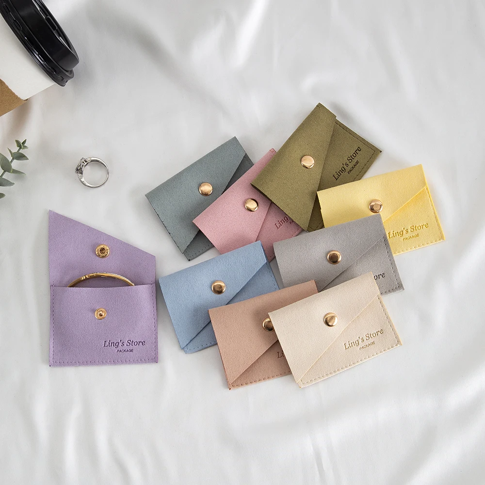 50pcs Lovely Personalized Logo Bevel Microfiber Jewelry Snap Bag For Earring Ring Box Necklace Bracelet Packaging Gift Organizer