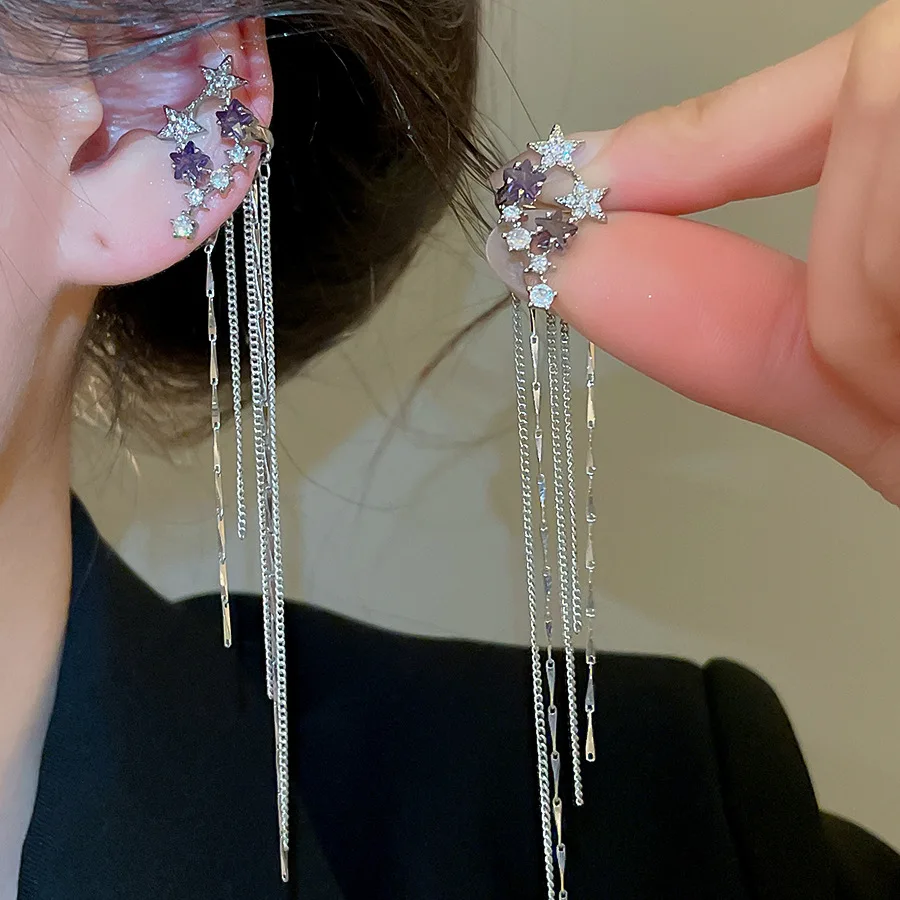 

Cool Style Women's Long Tassel Dangle Earrings for Women Purple Star Zircon Butterfly Ear Cuffs No Pierced Ear Jewelry Party