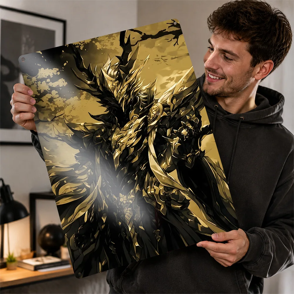 Golden Armored Fantasy Warrior Aluminum Poster Personalized Metal Sign Atmospheric Character Style Wall Art Chosen By Dreamers