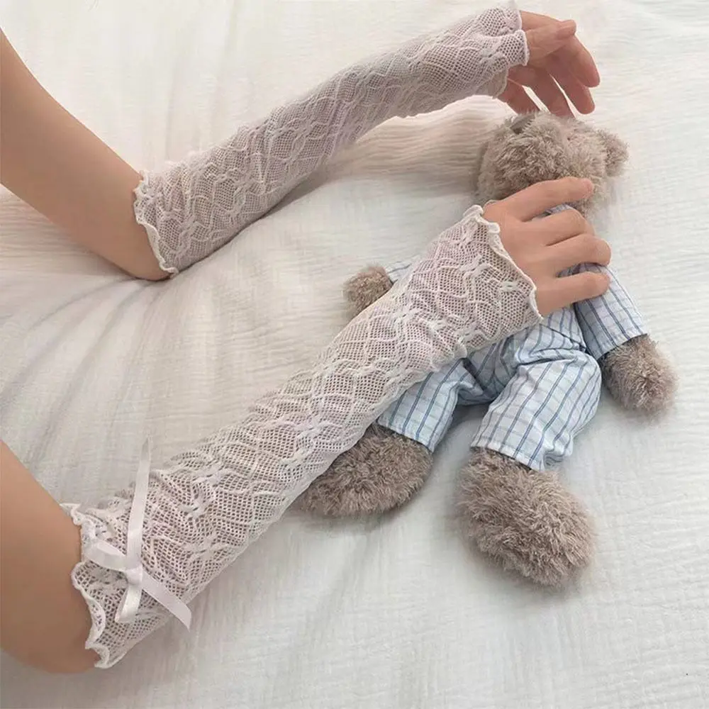 Lace Ruffle Lolita Lace Gloves Black White Mesh Y2k Fingerless Mittens Japanese UV Protection Sunscreen Sleeve