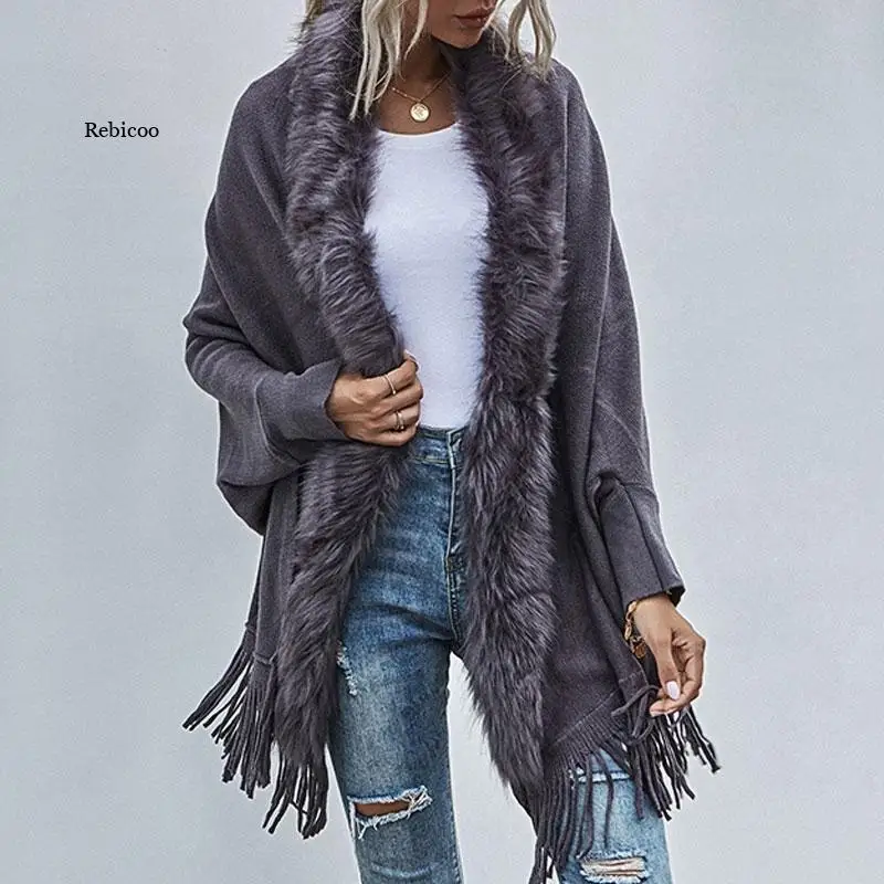 

Fur Collar Winter Shawls and Wraps Bohemian Fringe Oversized Womens Winter Ponchos and Capes Batwing Sleeve Cardigan Cape Dress