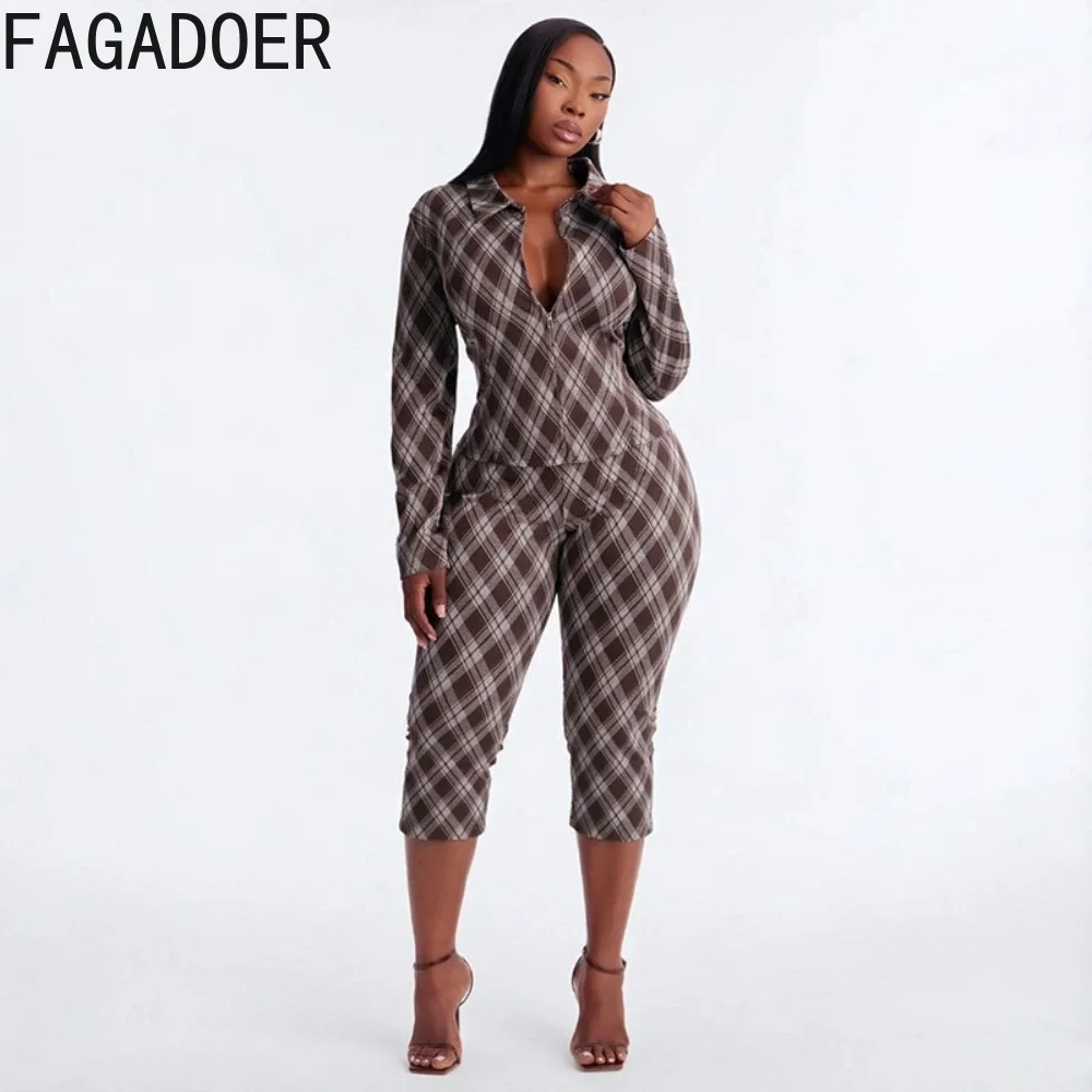 FAGADOER Women Vintage Plaid 2 Piece Set Collared Front Zip Long Sleeve Crop Top High Waist Bodycon Capri Pants Matching Outfit - view 2