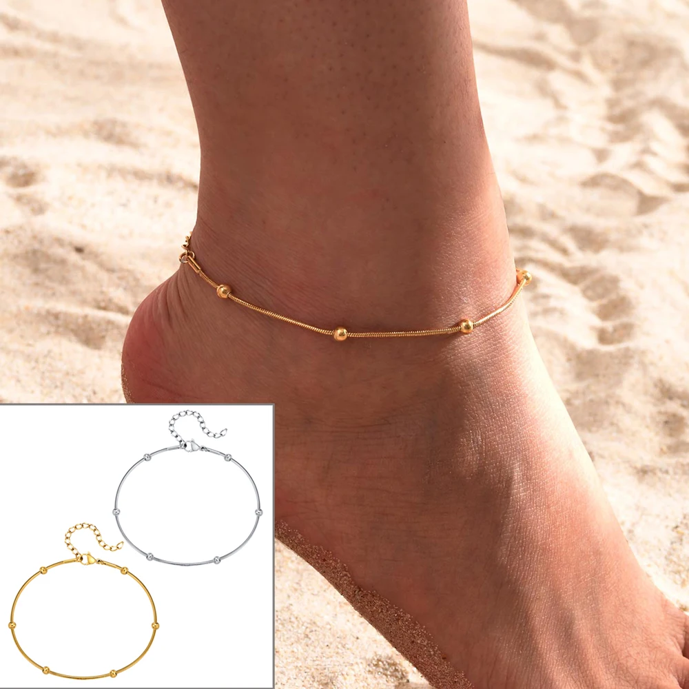 Summer Anklets for Women Girls, Stainless Steel Round Snake Chain Bead  Anklet Bracelet on Leg  Jewelry Waterproof