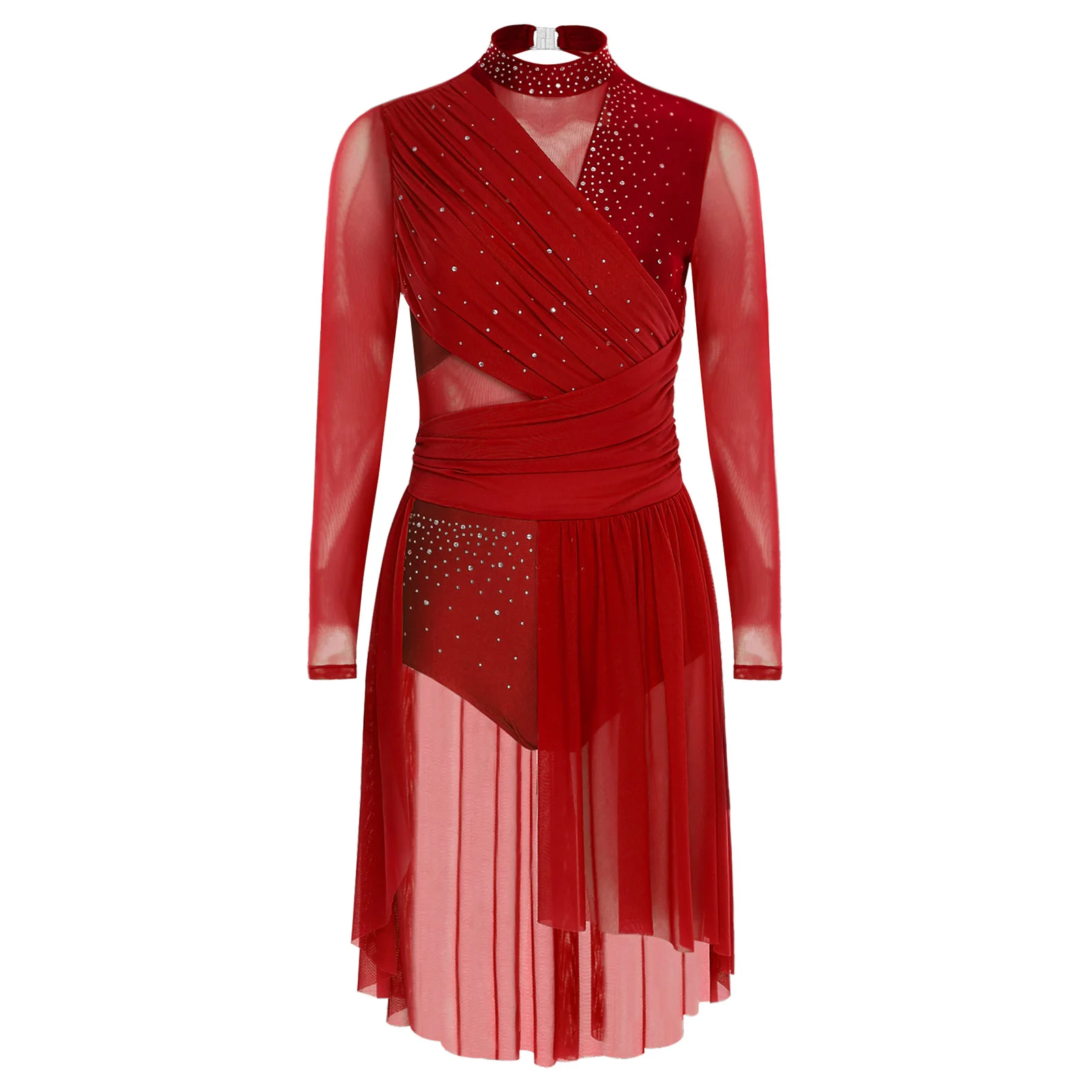 Womens Glittery Rhinestone Ballet Lyrical Dance Dress Long Sleeve Ruched Backless Leotard Dress Contemporary Dance Costumes