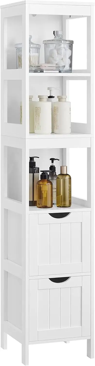 

Corner Storage Cabinet with 2 Drawers and Open Shelf, White Freestanding Organizer for Bathroom Living Room Bedroom