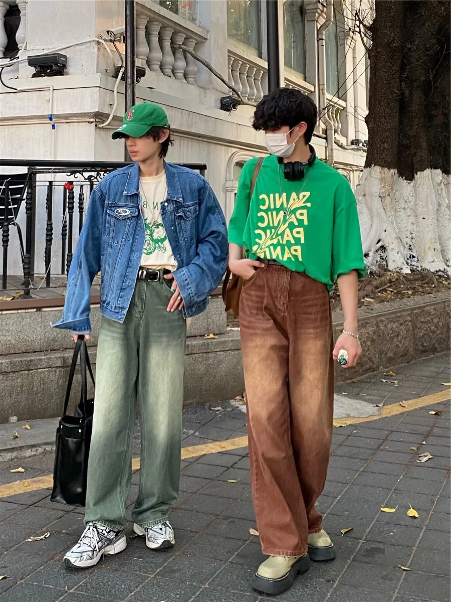 

Retro Distred adient Brown Men's Jeans Spring Summer Street Wide Leg Loose een Long Trousers Straight Tube Pants