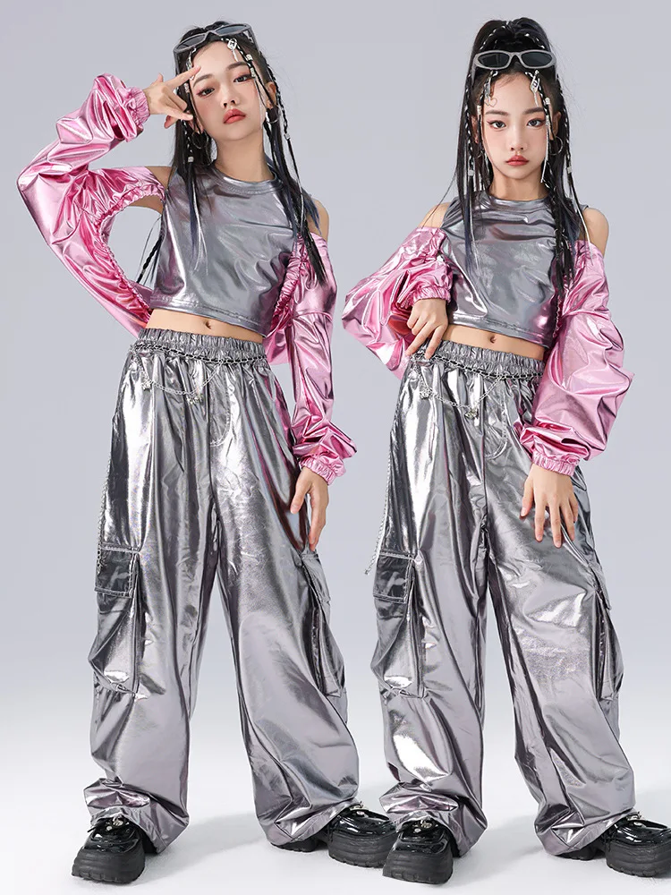 Crianças kpop hip hop roupas retalhos colheita topo streetwear prata calças de carga para meninas jazz dança traje roupas