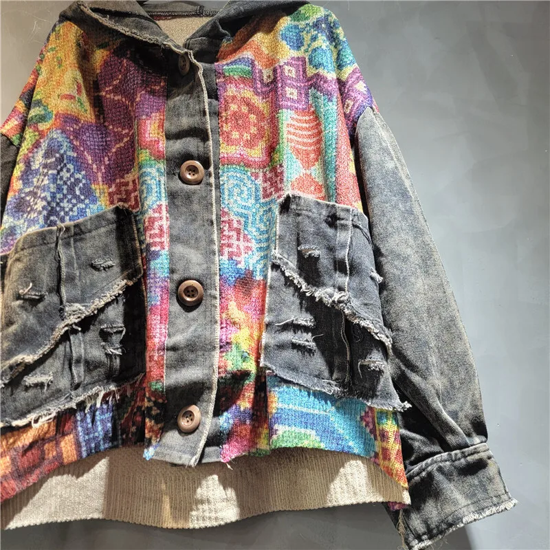 WTHT ファッション不規則なコントラストカラーニットプリントフード付きデニムジャケット女性のための 2025 秋長袖コート女性 1LS2273