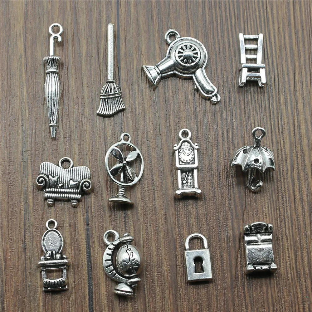 10pcs Daily Necessities Charms Umbrella Hair Dryer Broom Sofa Globe Pendants Jewelry Making Antique Silver Color