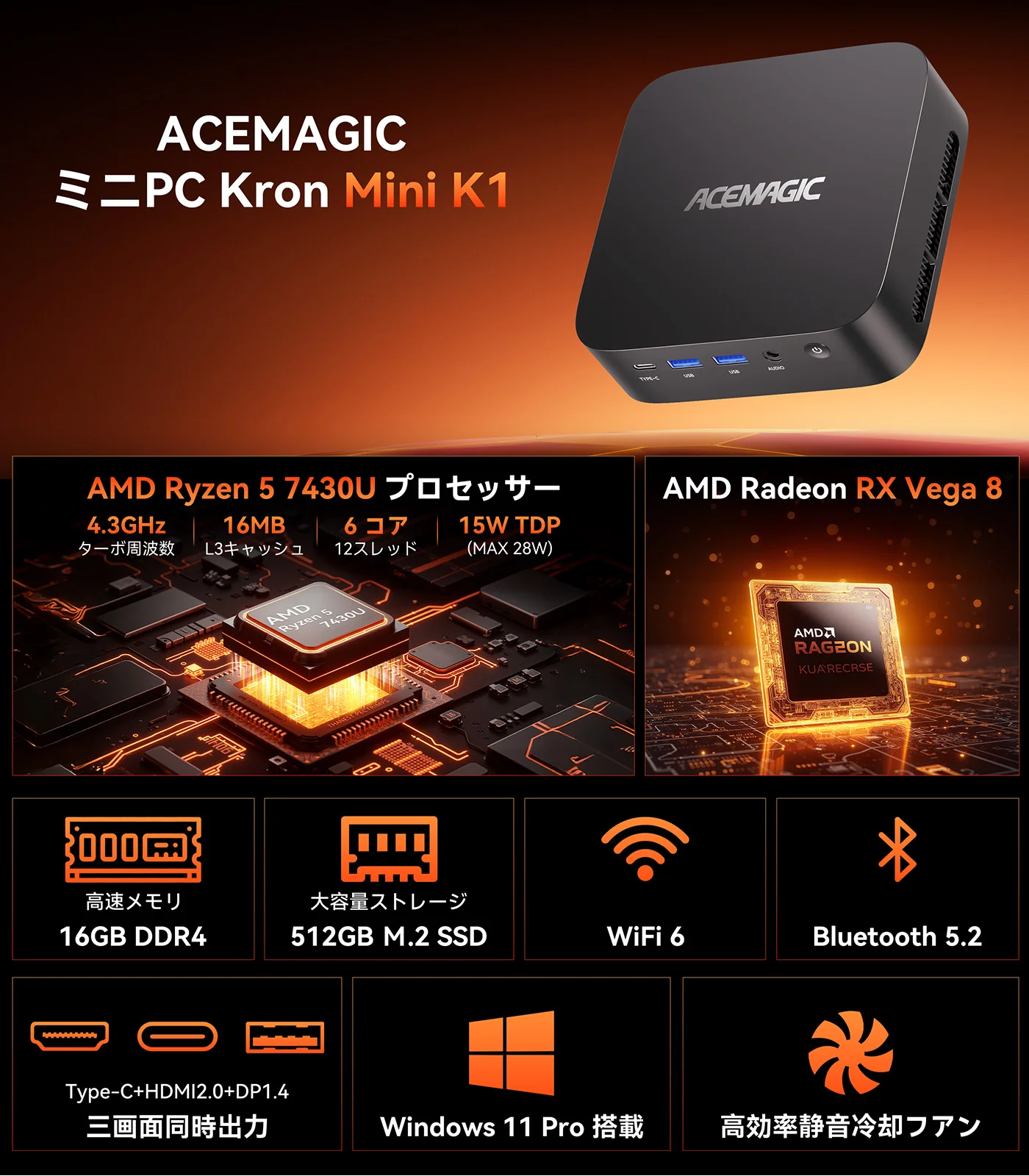 ACEMAGIC Mini PC AMD Ryzen5 7430U 6 Cores 12 Threads 16GB LPDDR4X