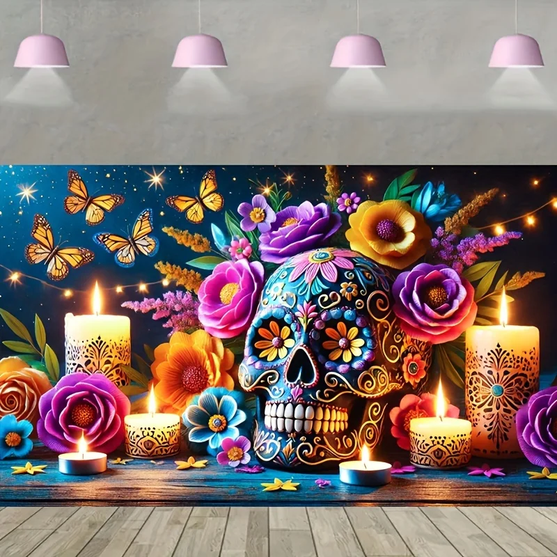 1pc Polyester Day of the Dead Banner-Skull and Flowers Party Decoration, No Electricity Needed-Dia de los Muertos Photo Backdrop