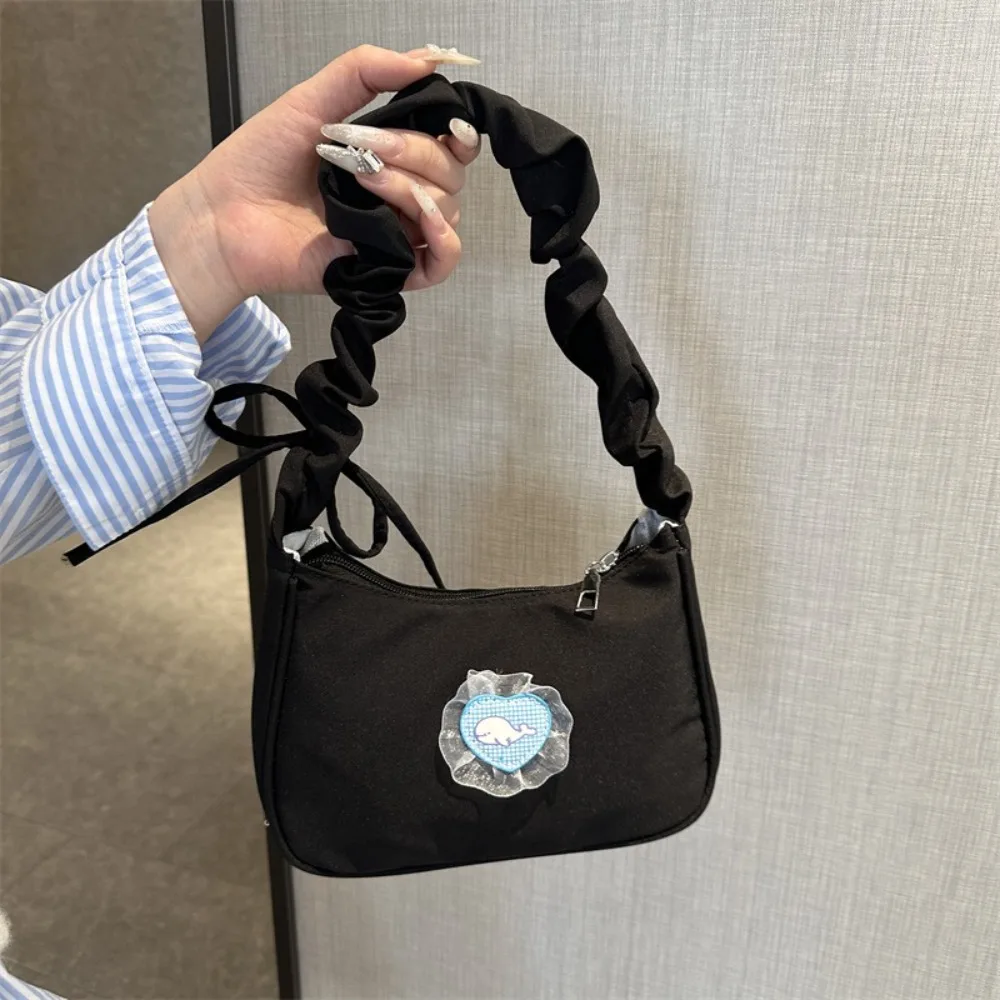 

Simple Bow Canvas Underarm Bag Love Handbag Pleated Strap Shoulder Bag Sling Bag Nylon Hobo Bag Office Worker