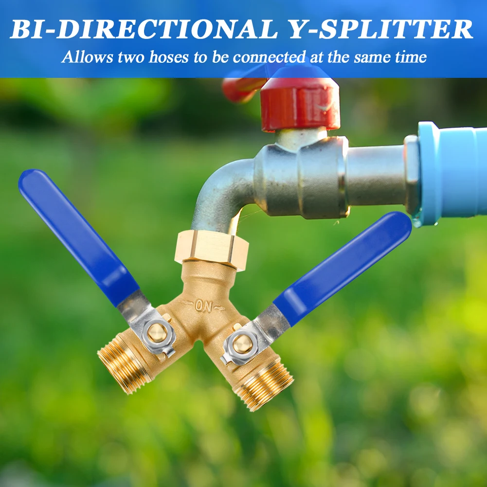 Y Valve Splitter Full Flow 3/4 Inch Thread Hose Splitter Brass Hose Connector with Long Handle for Garden Lawn