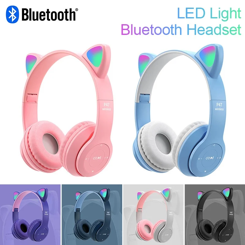 Cute Kitten Ears Fone de ouvido Bluetooth sem fio, LED piscando, fones de ouvido para meninas infantis, Sport Touch, HIFI Stereo Headset, P47m