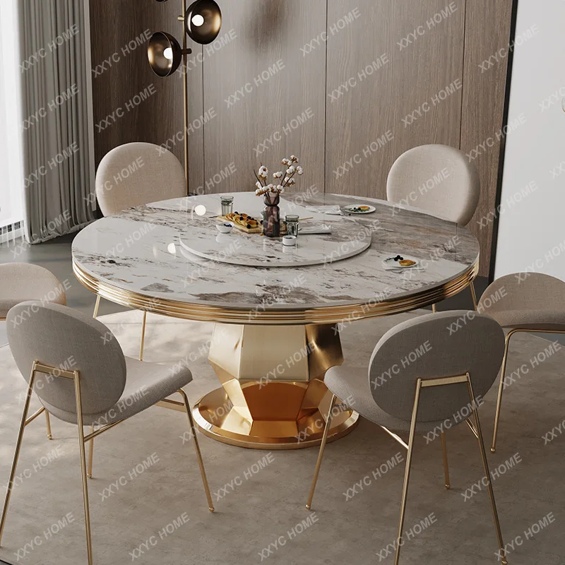 Hh2cc2 Marble dining table round dining table and chair combination titanium stainless steel round table