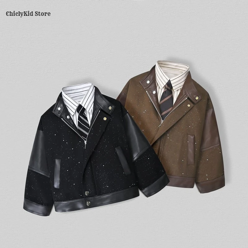 

Boys Cool Shiny Leather Motorcycle Jacket Girls Fashion PU Coat Children Outerwear Kids Spring Autumn Clothes Party Costumes