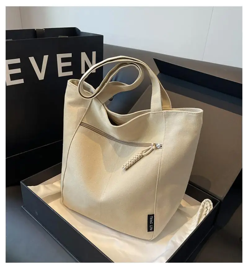 2024 New Solid Color Retro Canvas Shopping Bag Casual and Simple Korean Fashion Texture Tote Bag Student Portable Shoulder Bag