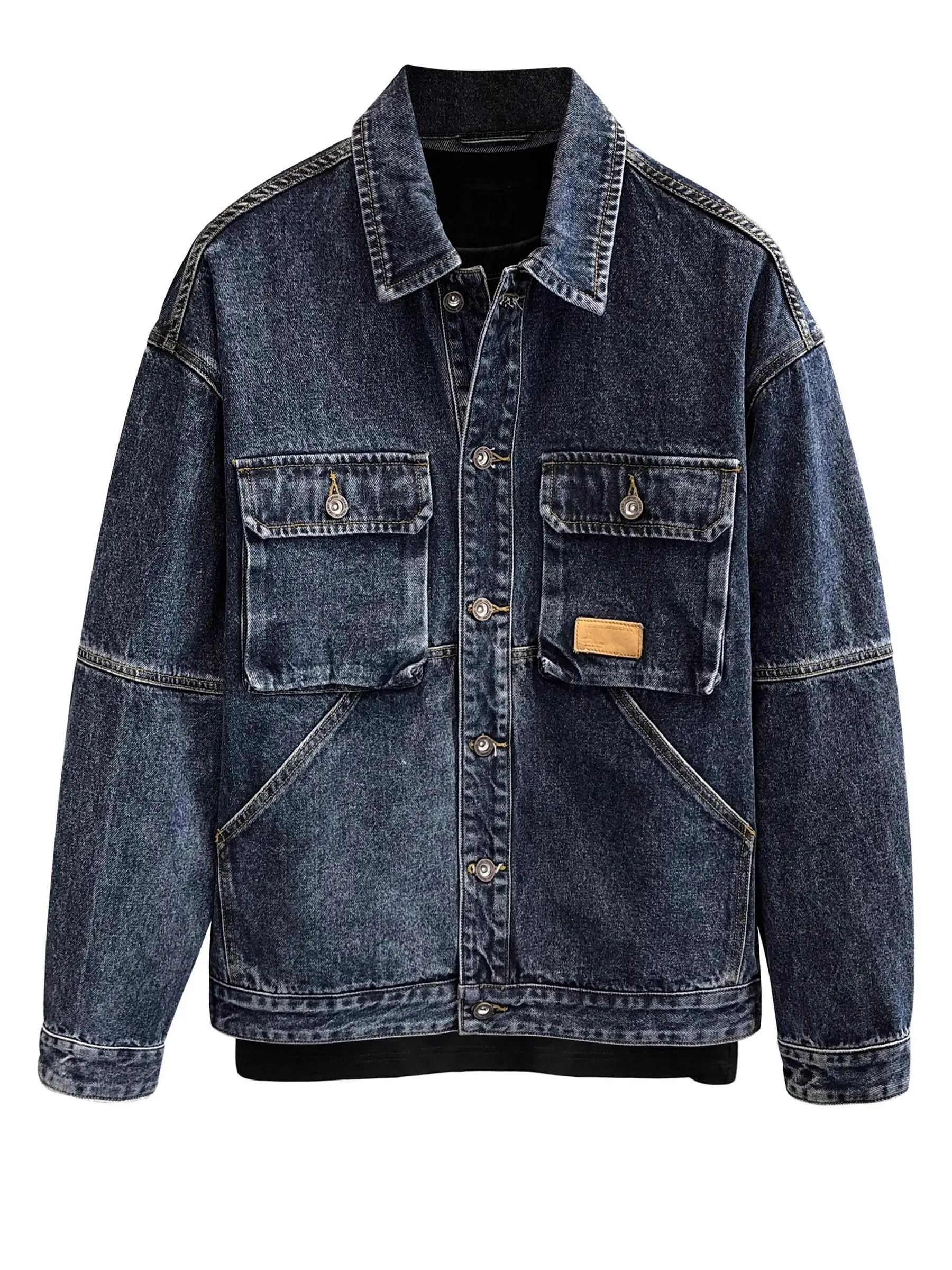 

Retro Workwear Denim Jaet Men's Loose High Street Waed Spring Autumn American Sle Long Sve Collar Jaet