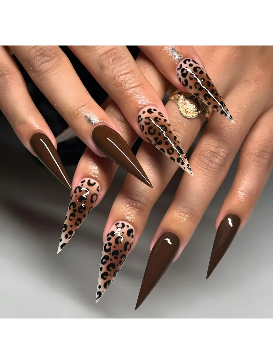 24 pièces marron motif imprimé léopard faux ongles presse sur Long Stiletto acrylique manucure détachable épice Cool ongles ensemble pour les femmes