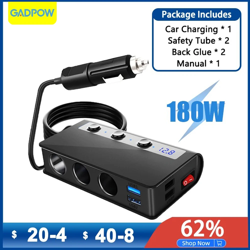 Gadpow Cigarette Lighter socket splitter Charger 180W 4 USB Port Car Charger USB Charger Type C Port Car Socket Splitter