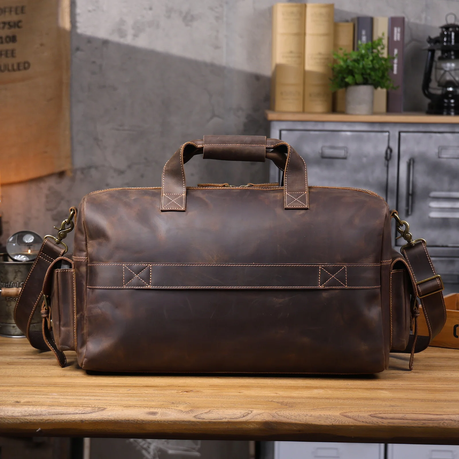 S.WORKER Vintage Vollnarbiges Rindsleder Reisetasche Große Kapazität Handgepäck Echtleder Weekender-Tasche – Detail 10