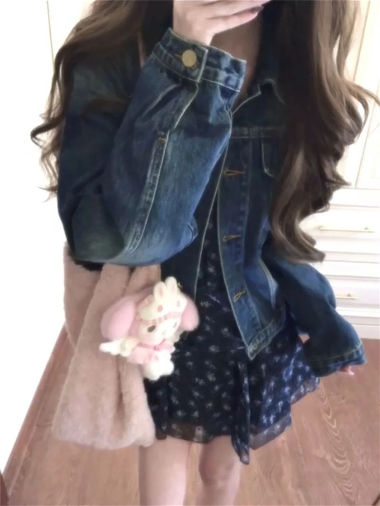 

Fashionable Sweet Blue Denim Short Jacket V-Neck Floral Dress Two-Piece Set Age-Defying Cute Casual Spring Autumn Wear