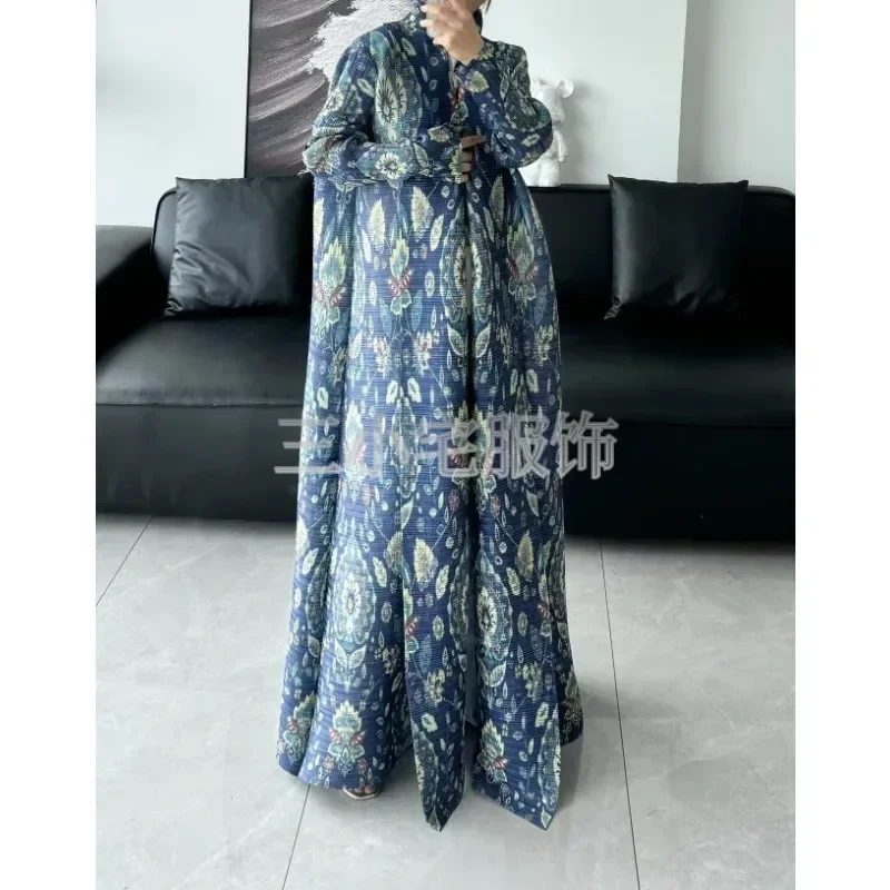 

Autumn and Winter New Women's Trench Coat Jacket Pleated Printed Retro Fashion Slim Abaya Fashion Party Long Sleeve Dresses