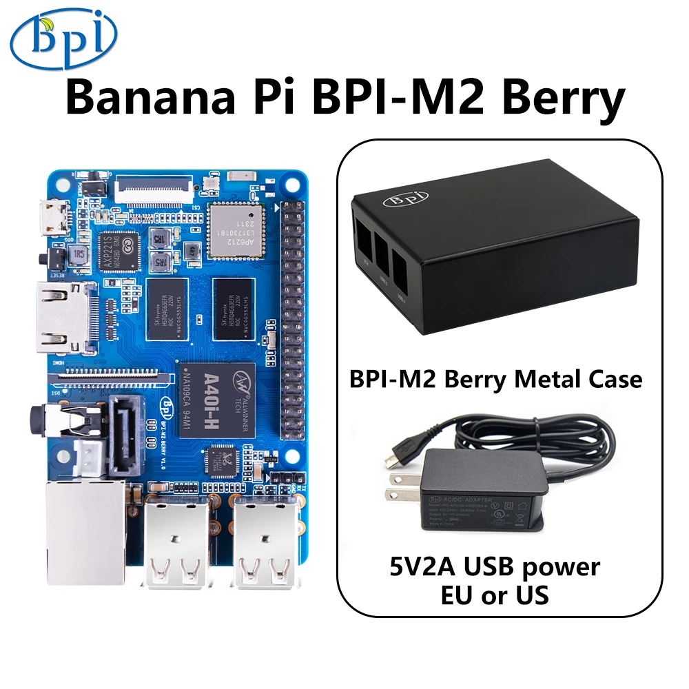 Banana Pi BPI-M2 Berry with Metal Case Power Allwinner A40i Quad-core Cortex -A7 CPU 1GB DDR3 With SATA BT4.0 Run Android 6.0