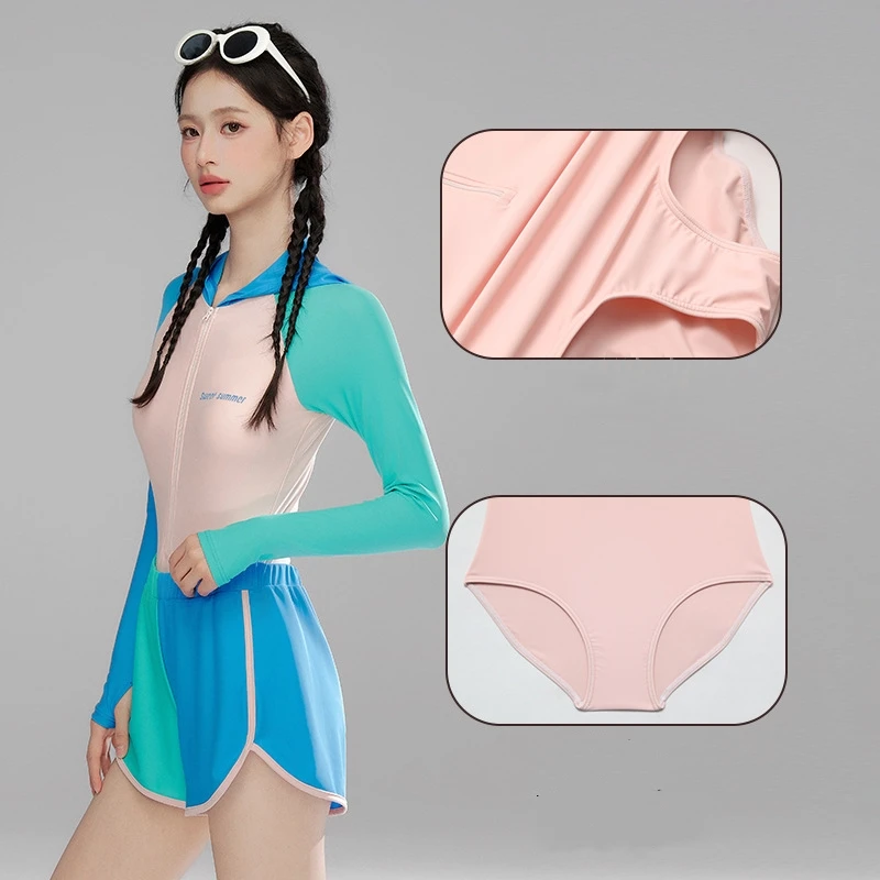 Women One Piece Professional Long Sleeve Push Up Water Sports Surfing SwimWear Hooded Front Zipper Quick-Dry Athletic SwimSuit