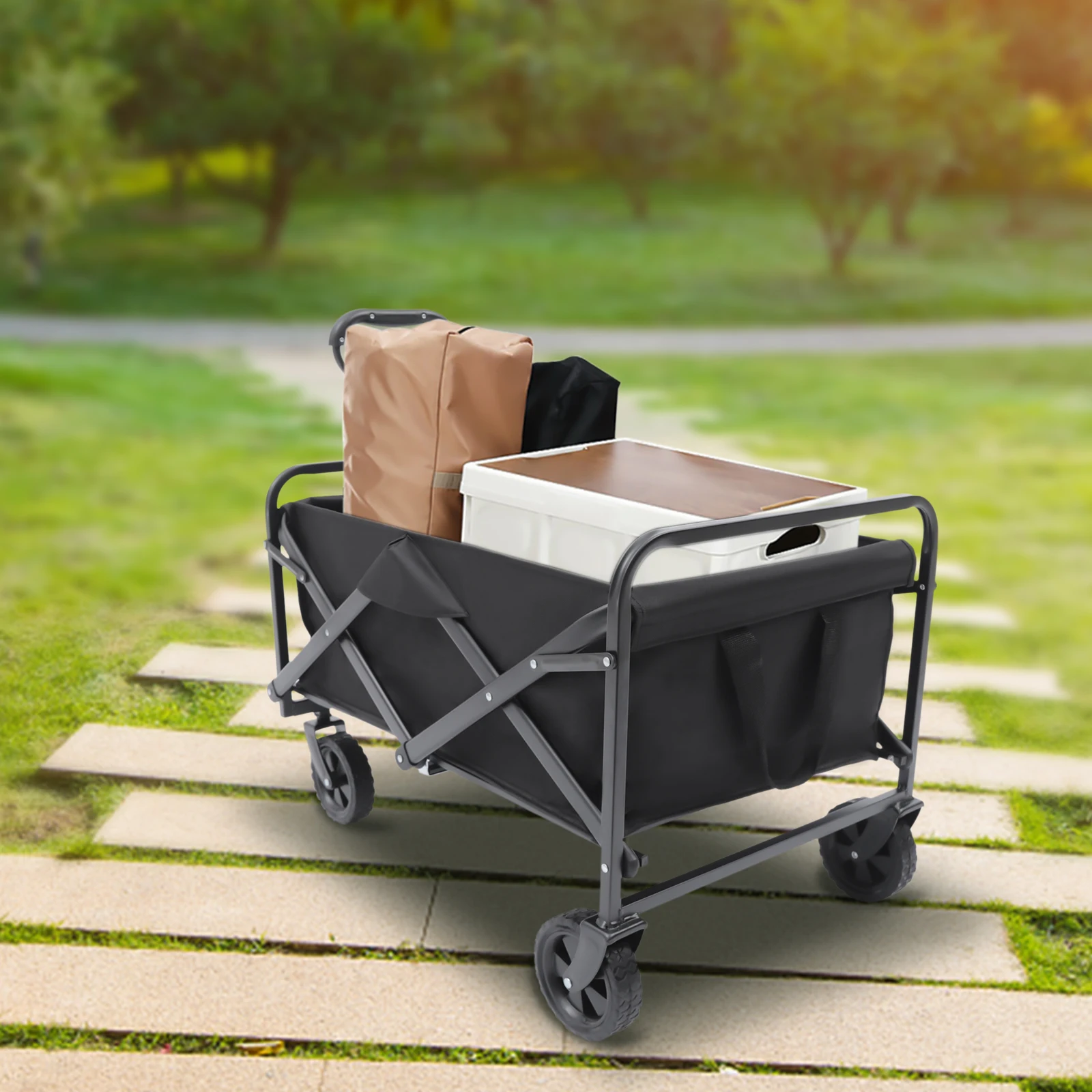 Carrito de acampada de servicio pesado, carrito de playa con ruedas grandes, 176 libras, con asa ajustable y soportes para bebidas, color negro