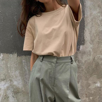 Hirsionsan Basic Cotton T Shirt Women Summer New Oversized Solid Tees 7 Color Casual Loose Tshirt Korean O Neck Female Tops