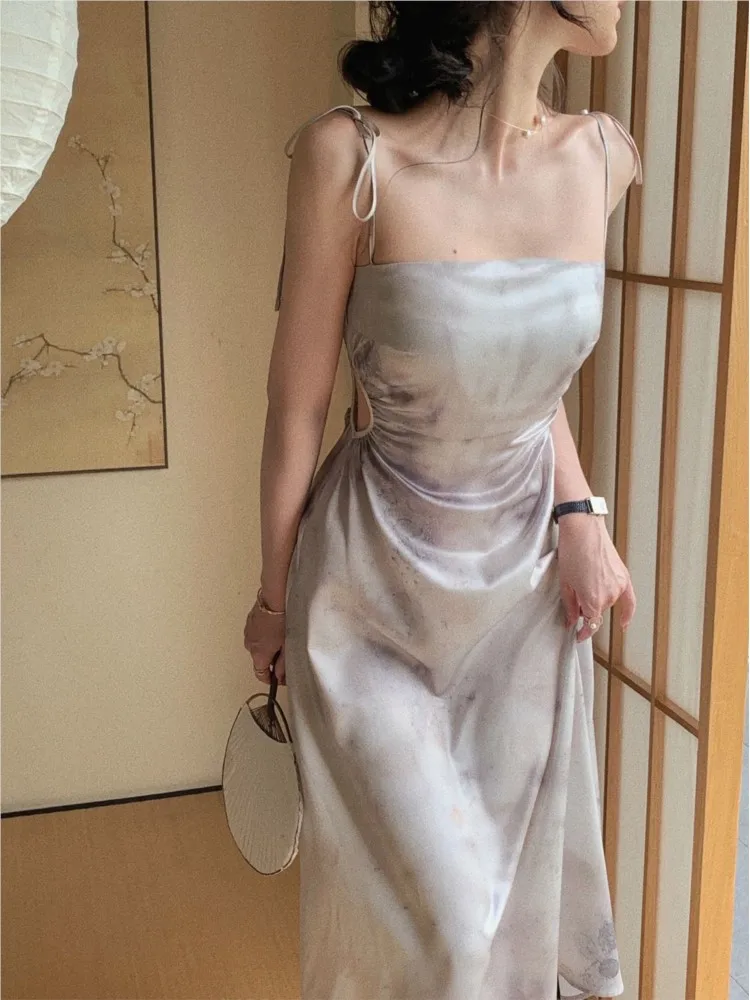 aesthetic silk dress Summer Women Spaghetti Strap Elegant Midi Satin Dresses Vintage Wedding  Evening Birthday Holiday Beach Backless Prom Clothes New