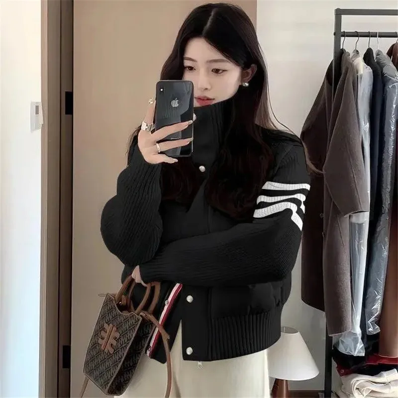 Little Women's Wear Knitted Stitching Coat Down Cotton-padded Short Female 2025 Winter Casual Jacket Loose Collar Thick Overwear - Image 3
