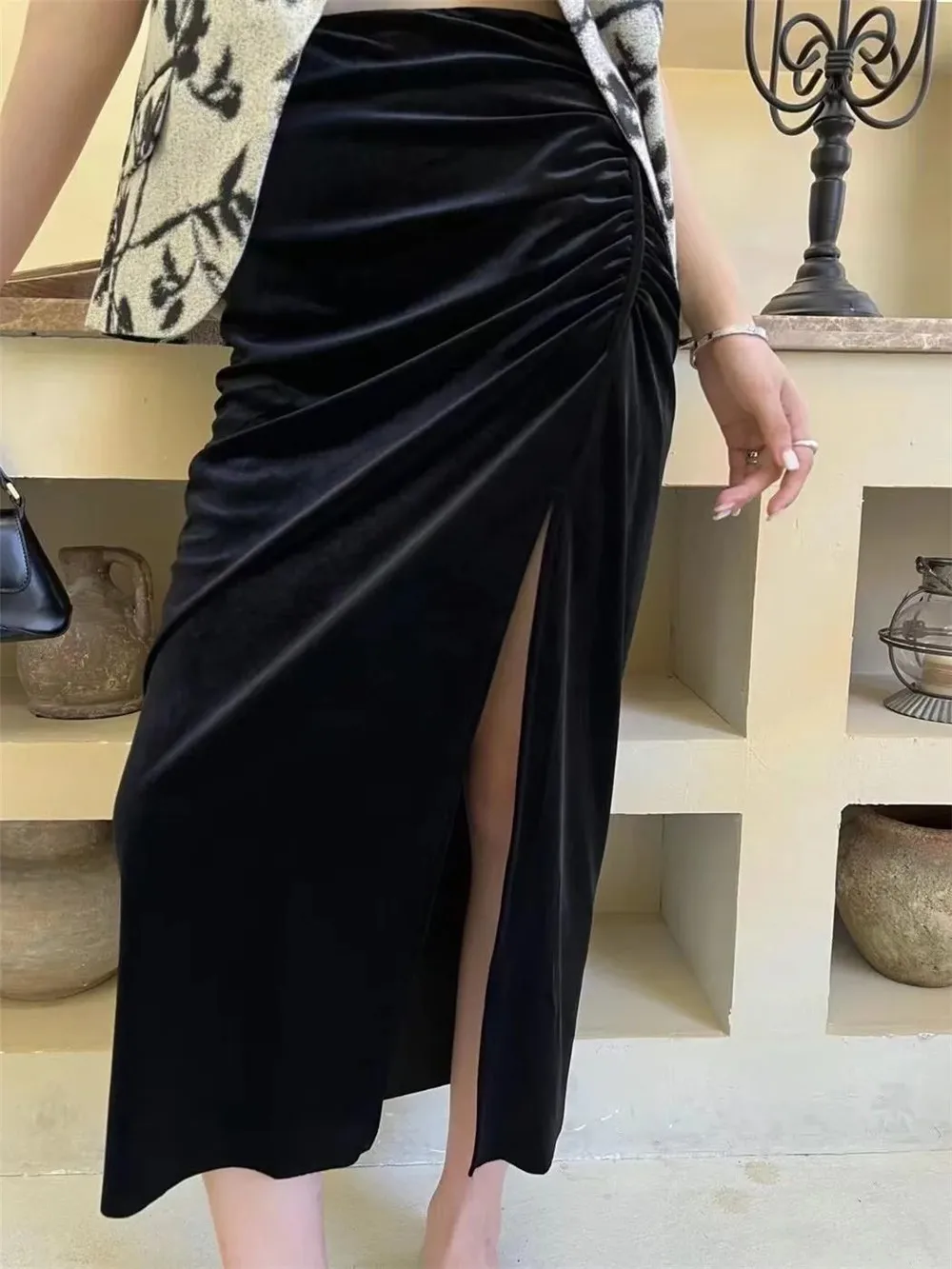 

Velvet Black Sexy Pleated Split Irregular Skirt Autumn Winter Women'S Wrap Long Skirts High Waist Office Pencil Skirts Female