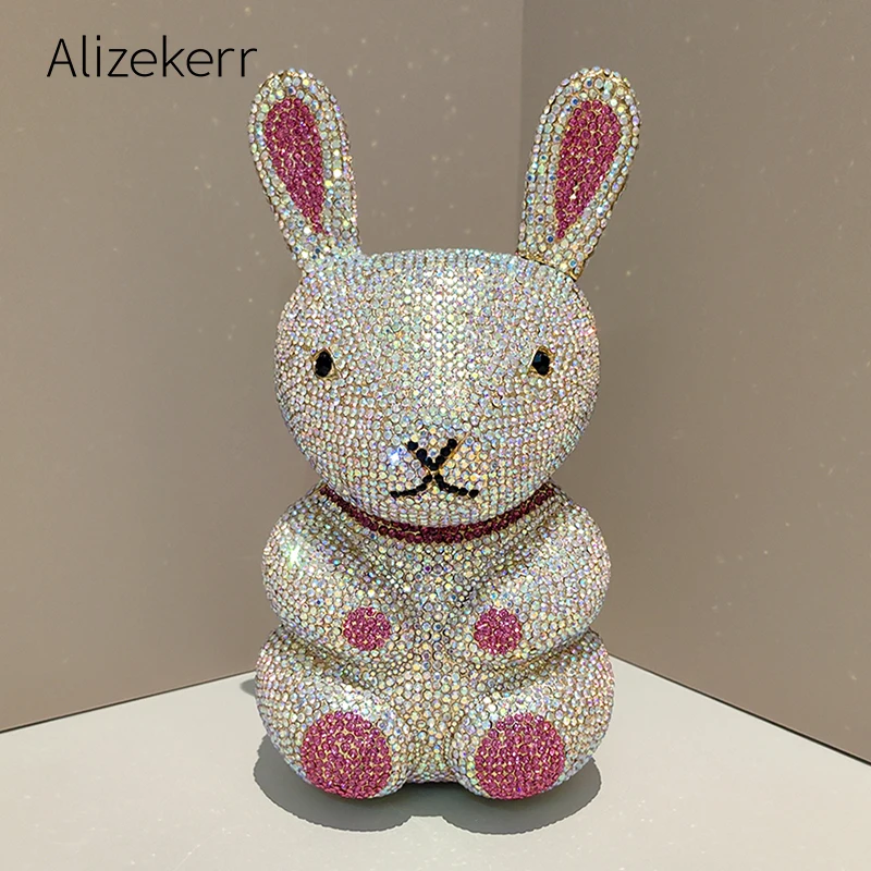 

Alizekerr Rabbit Shaped Diamond Evening Bags Women 2025 Boutique Gorgeous Rhinestone Metallic Purses And Handbags Wedding Party