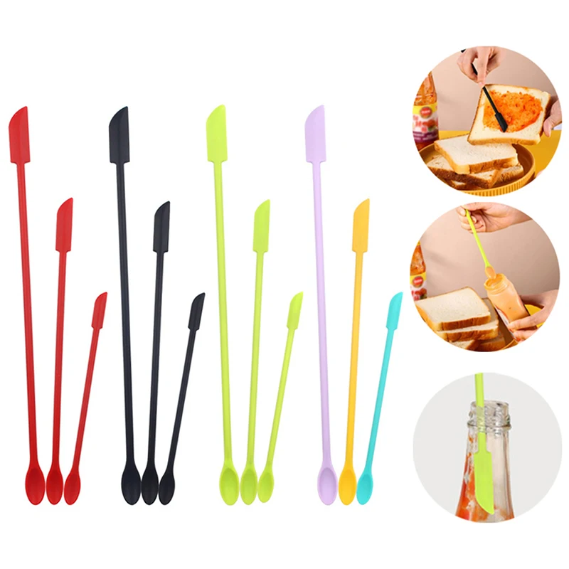 

3Pcs Lengthened Silicone Scraper Double-head Cosmetic Jam Deep Bottle Scraper Mini Spatula Set For Kitchen Storage Jar Use