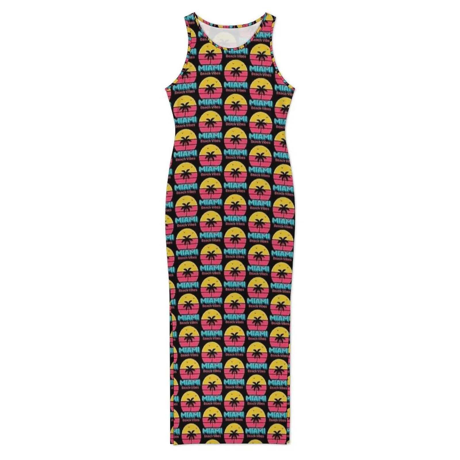 Women Bodycon Dress Elegant Miami Beach Vibes Retro Sunset Palm Tree Maxi Dresses Summer Sleeveless Street Wear Design Dress