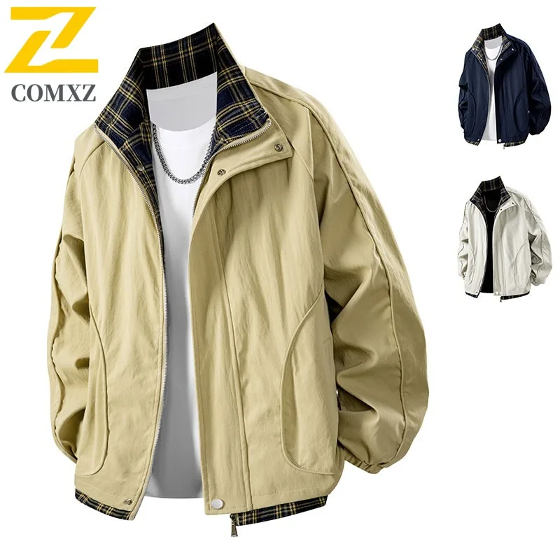 

COMXZ 2025 Men Casual Color Block Jacket Hong Kong Style Spring Autumn Trend Brand Versatile Plaid Turn Collar Lightweight Coat