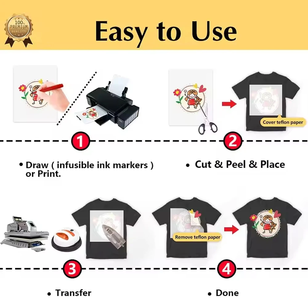 مكواة على ورق نقل الحرارة للقمصان 10 أوراق A4 قماش داكن قابل للطباعة لنقل الحرارة لطابعة نافثة للحبر والليزر