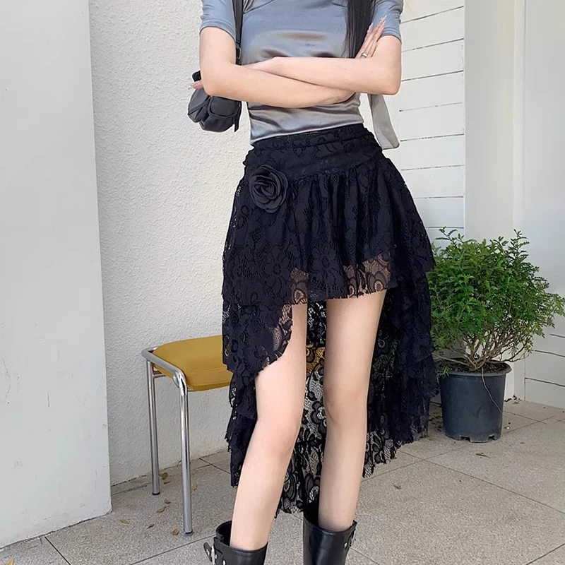 Retro High Waisted Three-Dimensional Flower Decoration Lace Irregular Hem Anti Slip Skirt Pants Cake Skirt