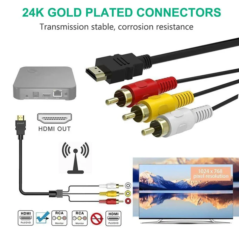 HDMI-Compatível com cabo RCA, macho para 3-RCA cabo de áudio de vídeo AV, adaptador para TV, HDTV, 1080p, 5Ft