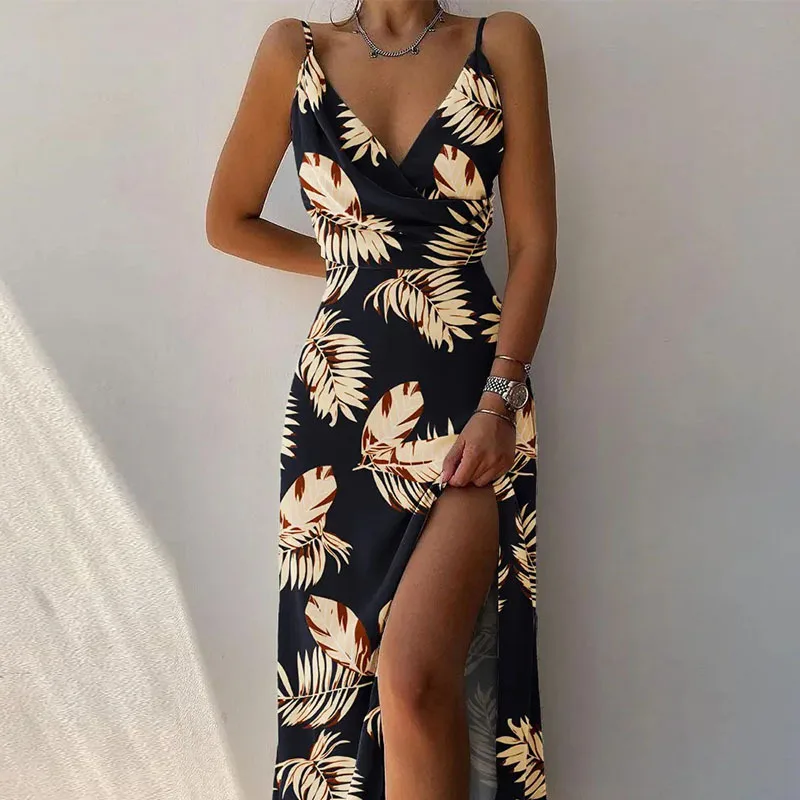 Sexy Deep V Neck Paghetti Strap High Waist Dress For Women Elegant Big Hem High Split Folds Long Dresses 2024 Summer New Lady - Image 6