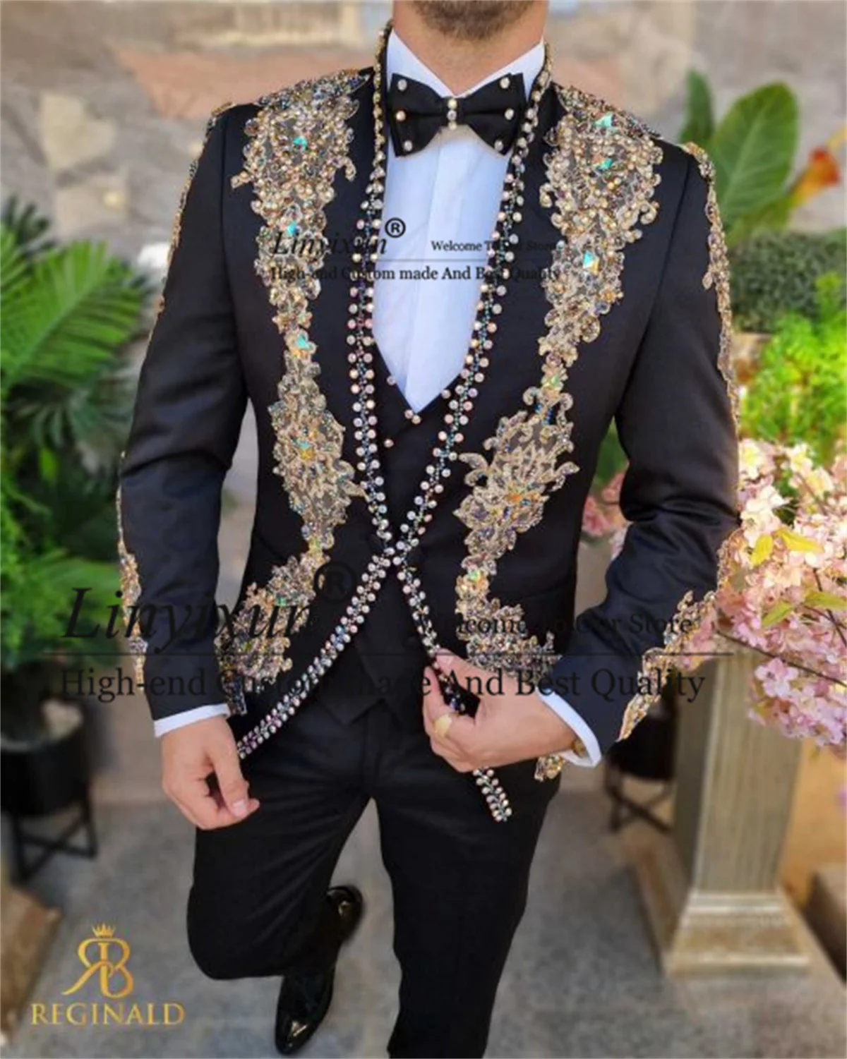 Luxury Beaded Crystals Men Suit Appliques Lace Groom Tuxedo 3 Pieces Sets Wedding Male Prom Blazers Customized Costume Homme