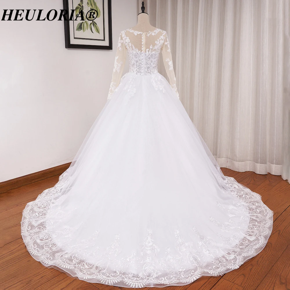 Heiloria-vestido de novia de princesa, prenda de manga larga con cuello redondo, talla grande, con cuentas de encaje