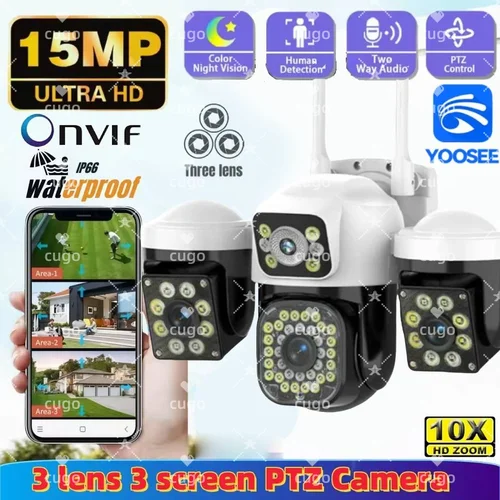 Cámara IP WiFi de Triple lente de 15MP, 8K, pantalla Triple, Monitor de vídeo de seguridad para exteriores, visión nocturna, impermeable, Zoom 10X, cámara CCTV Onvif