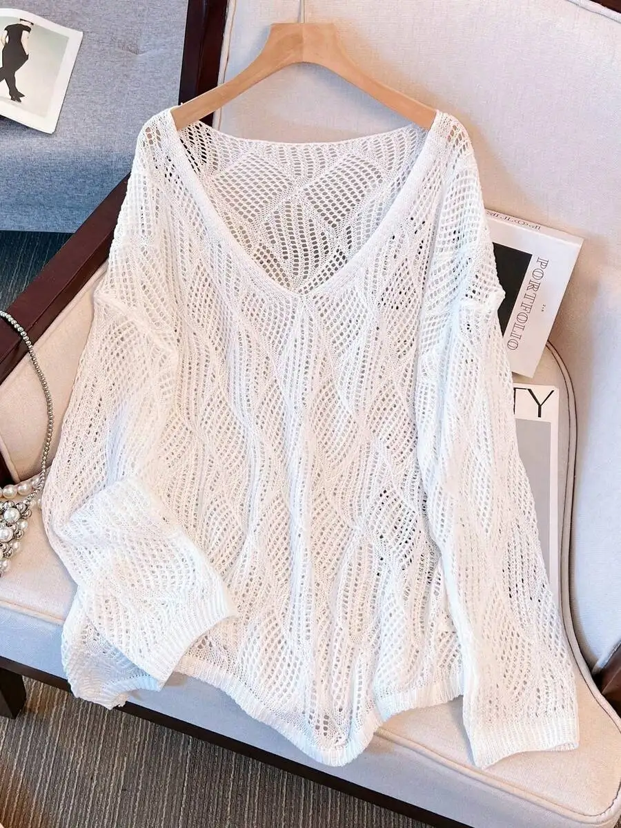 

Womens V-Neck Hollow Rhombus Loose Knit Cover Up Airy Breathable Beach Resort Wear Spring Summer