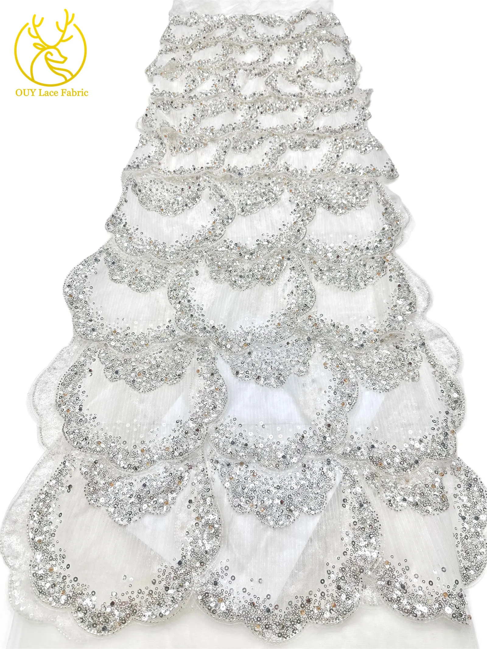 3D-Stickerei mit Pailletten und Perlen, marineblaue afrikanische Spitze, französischer Tüll, Netzspitze für Braut, Hochzeit, DIY, handgemachtes Nähen – Detail 14