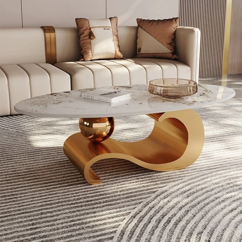 

Rock slab coffee table living room high-end light luxury metal household oval combination designer coffee table furniture