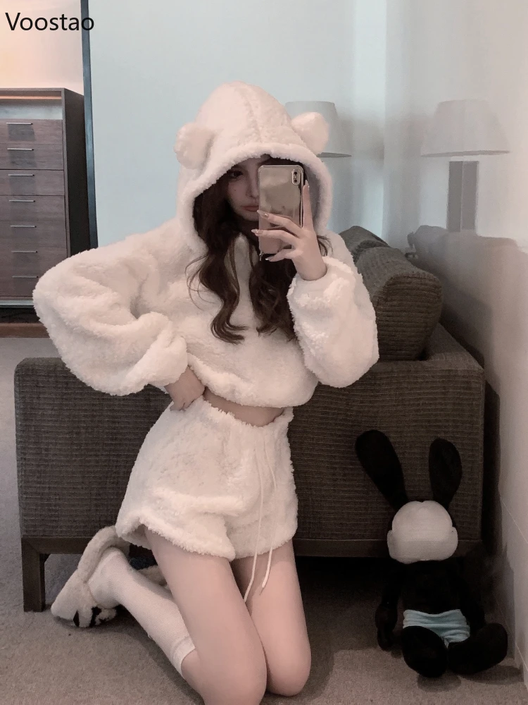 Kawaii Lolita Cute 2 Piece Sets Autumn Winter Women Sweet Chic Bear Ear Hooded Coat High Waist Shorts Girls Harajuku Hoodie Suit